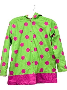 Hartstrings Girls Bright green Pink polka dot rain coat Jacket size 7-8
